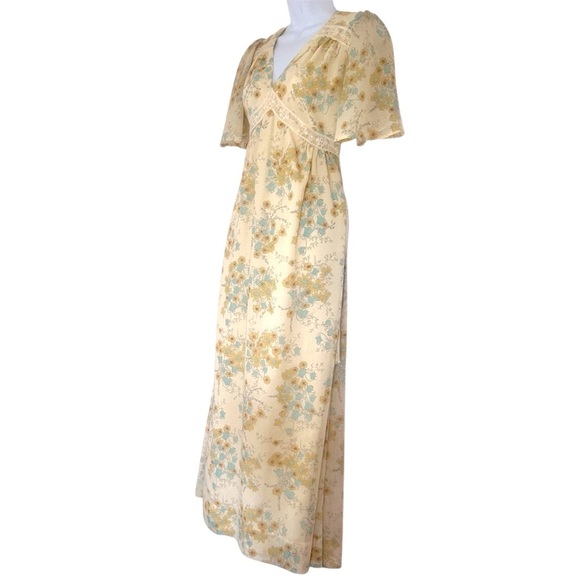 ACT I NEW YORK VTG 70s Pale Yellow Boho Floral Flutter Sleeve Maxi Dress Sz 7 S - Picture 2 of 14